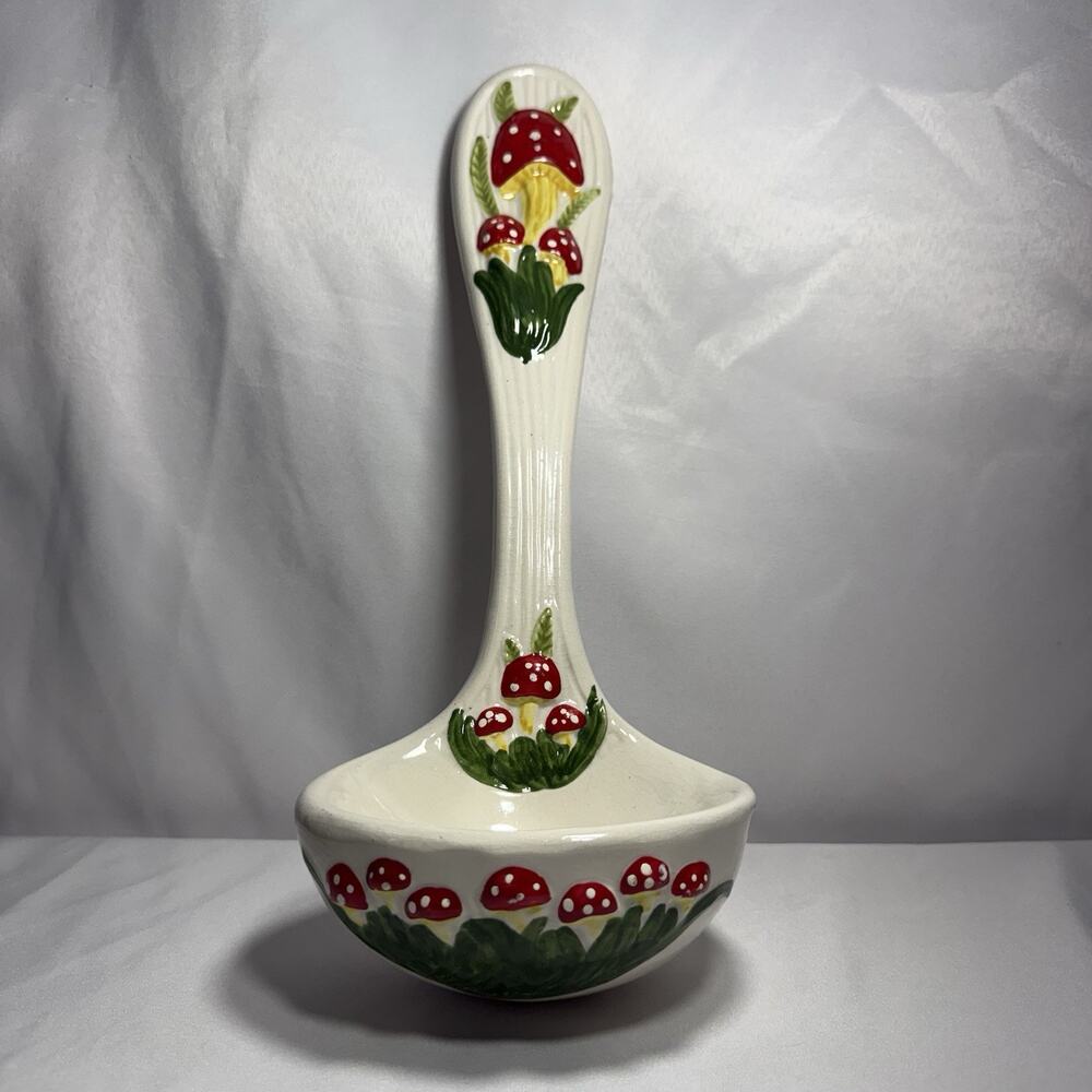 Vtg Handmade Ceramic Red White Mushroom Ladel Wall Decor MCM 15 Inch Mexico
